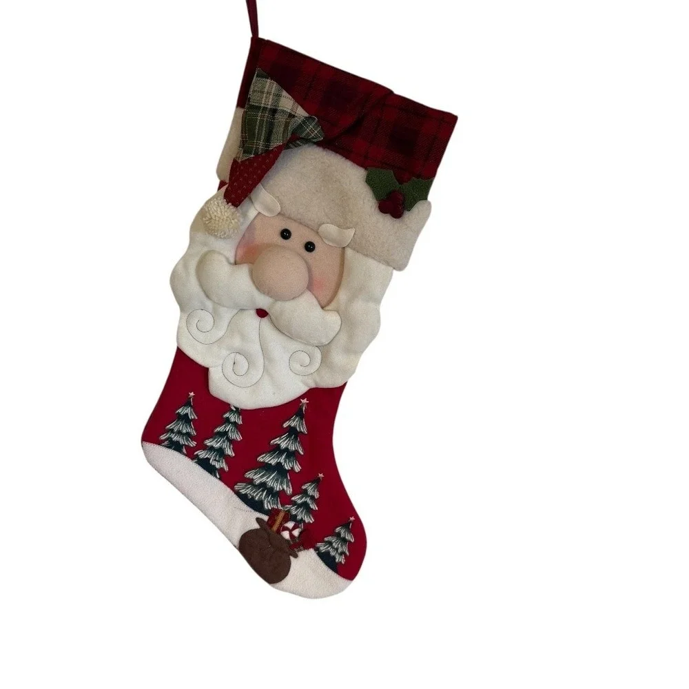 Dan Dee Christmas Stocking Santa Claus 3D Red Plaid Cuff Holiday‎ Decor Vintage
